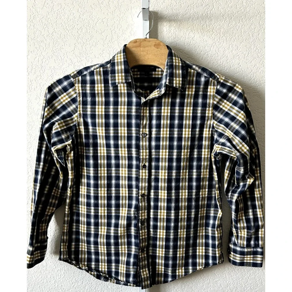 Banana Republic Blue‎ Gold Plaid Long Sleeve Button-Up Cotton Shirt Mens L